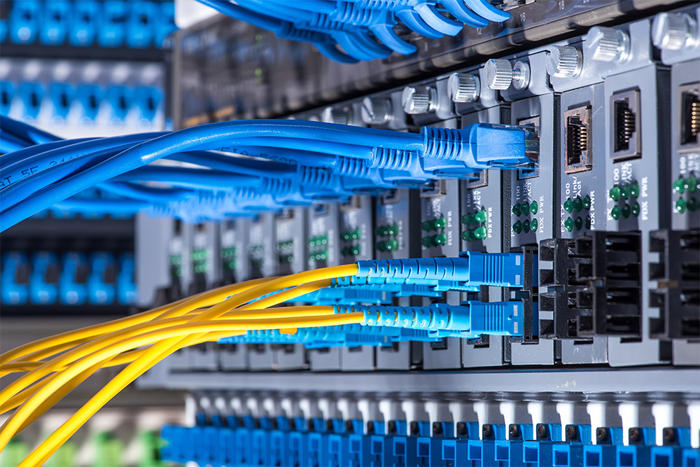 Fiber Optic cables connected to an optic ports and Network cable