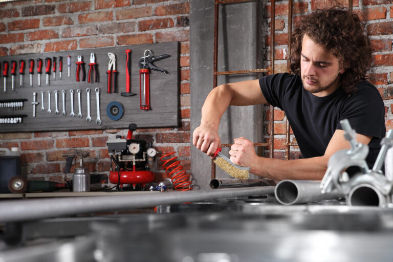 A man cleaning up his workshop, brushing a metal bar.