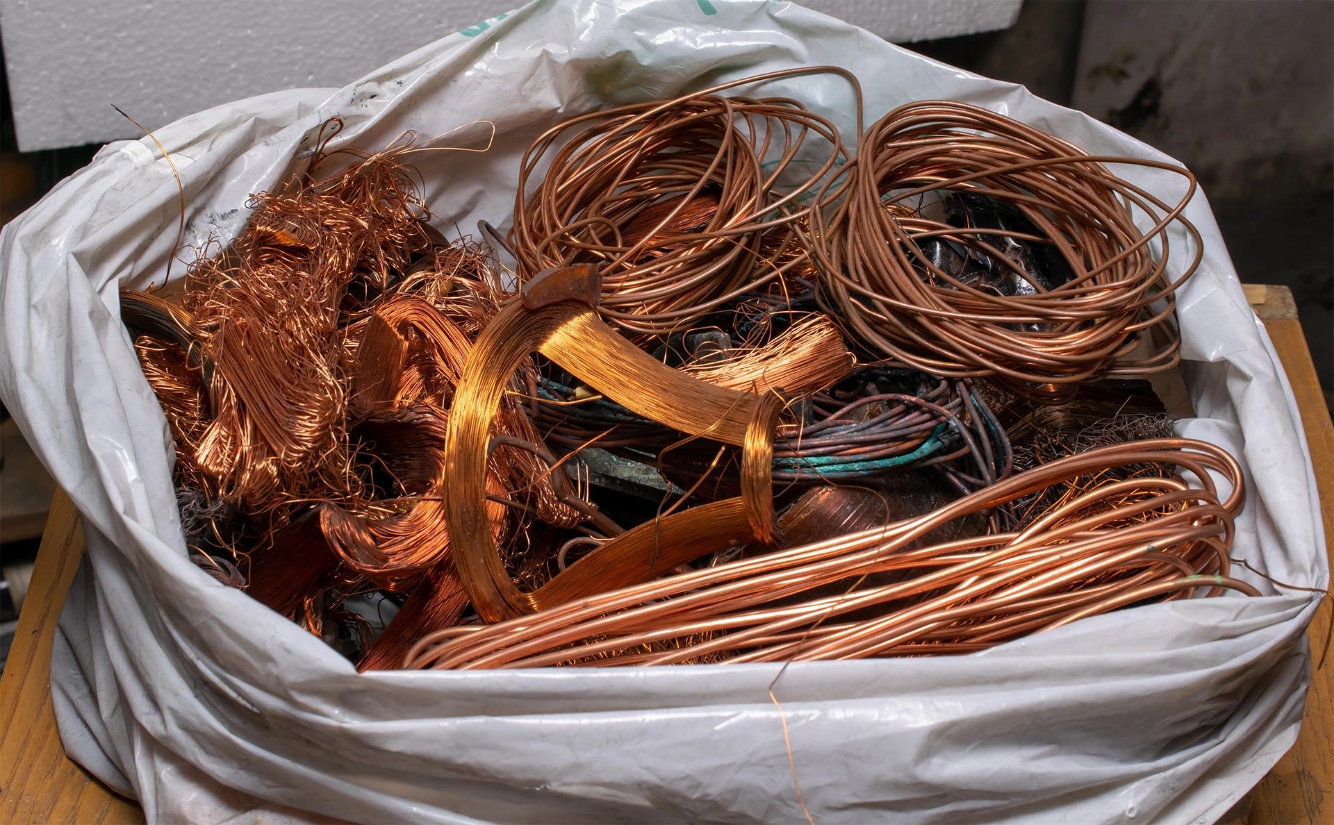 Copper scrap in a plastic bag ready for recycling